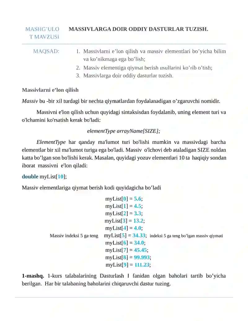 Massivlarga doir oddiy dasturlar tuzish