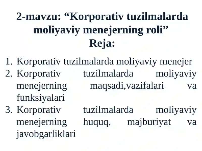 Korporativ tuzilmalarda moliyaviy menejer