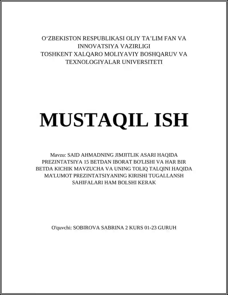 Said Ahmadning Jimjitlik Asari Haqida Prezentatsiya