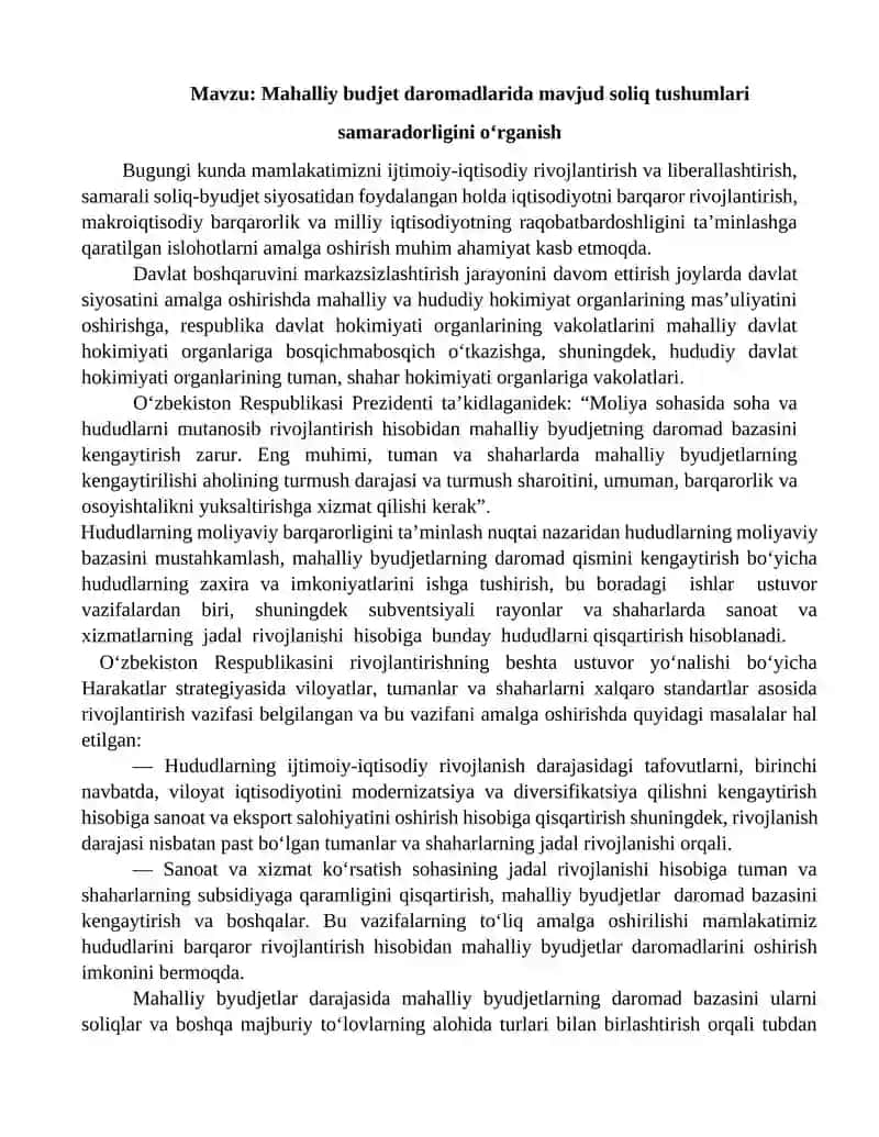 Mahalliy budjet daromadlarida mavjud soliq tushumlari samaradorligini o‘rganish