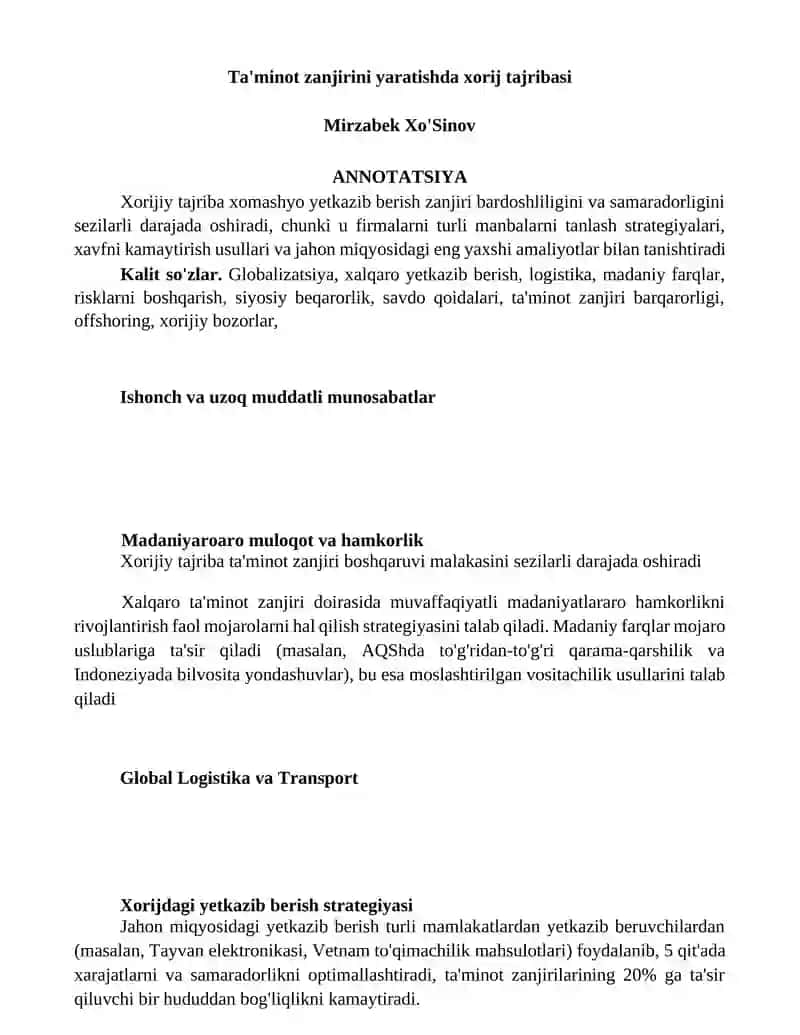 Ta'minot zanjirini yaratishda xorij tajribasi