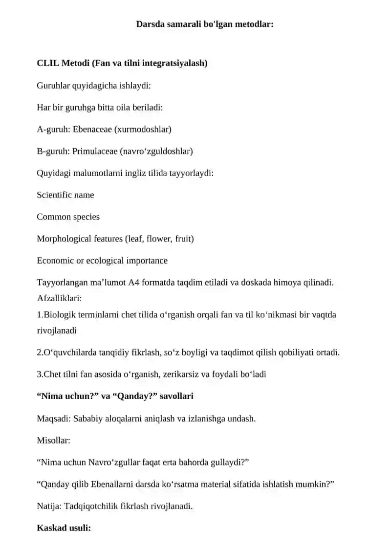 Biologiya fanidan dars materiallari