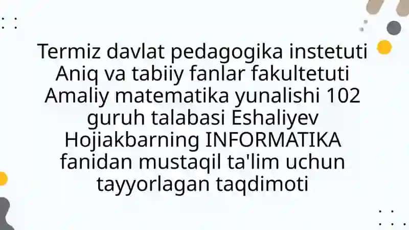 Informatika. Formulalar va funksiyalar ishlatish