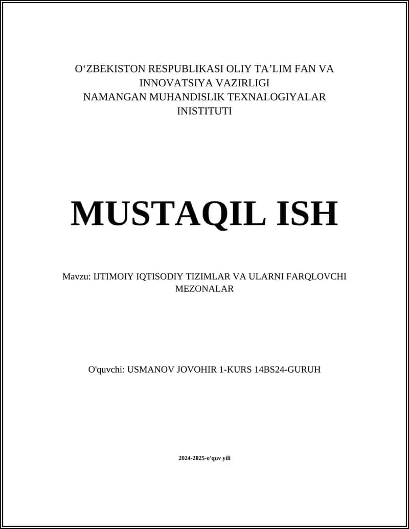 IJTIMOIY IQTISODIY TIZIMLAR VA ULARNI FARQLOVCHI MEZONALAR
