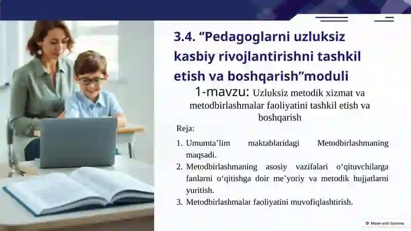 Uzluksiz metodik xizmat va metodbirlashmalar faoliyatini tashkil etish va boshqarish.