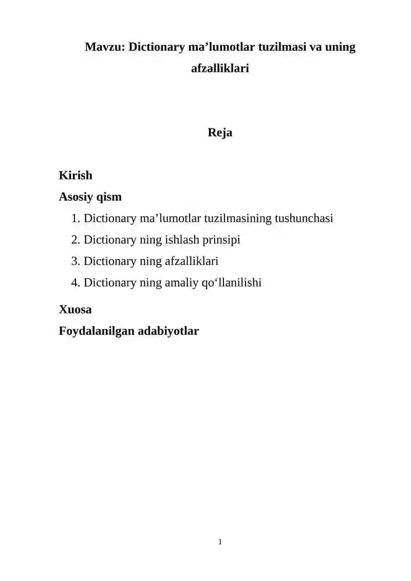 Dictionary maʼlumotlar tuzilmasi va uning afzalliklari