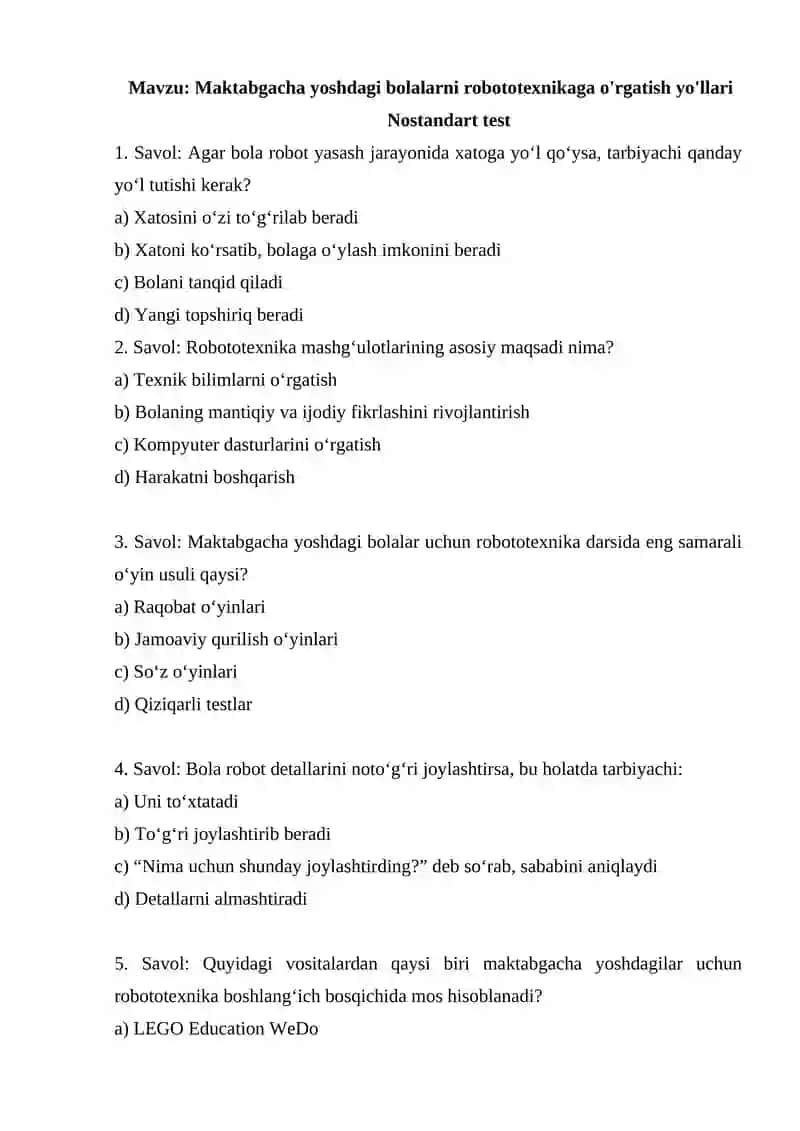 Maktabgacha yoshdagi bolalarni robototexnikaga o'rgatish yo'llari