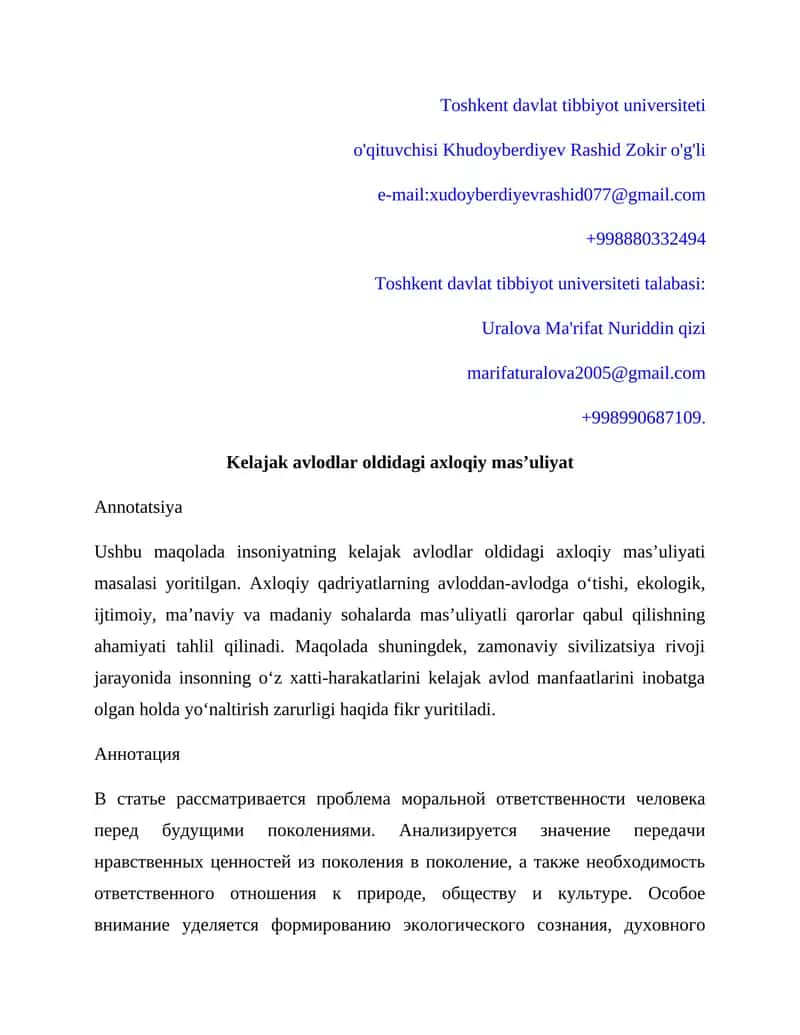 Kelajak avlodlar oldidagi axloqiy mas’uliyat