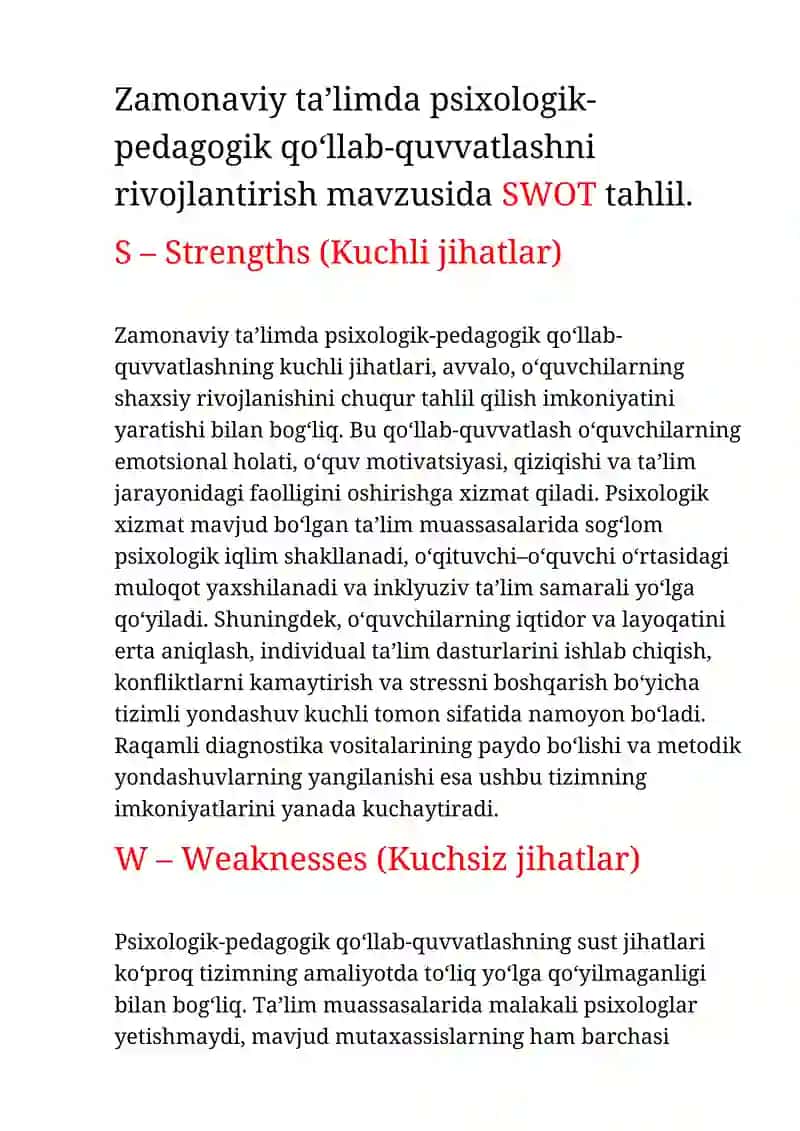 Psixologik-pedagogik qo‘llab-quvvatlashni rivojlantirish mavzusida SWOT tahlil