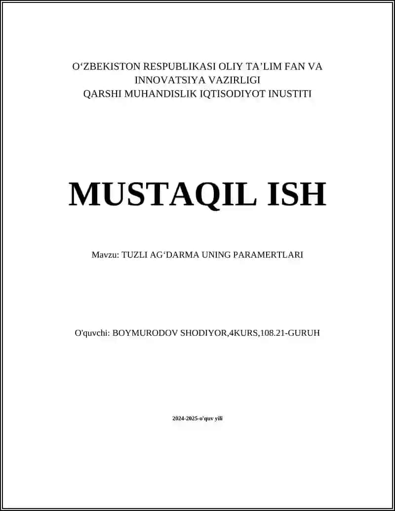 TUZLI AGʻDARMA UNING PARAMERTLARI