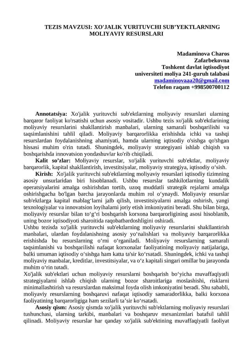 XO'JALIK YURITUVCHI SUBʼYEKTLARNING MOLIYAVIY RESURSLARI