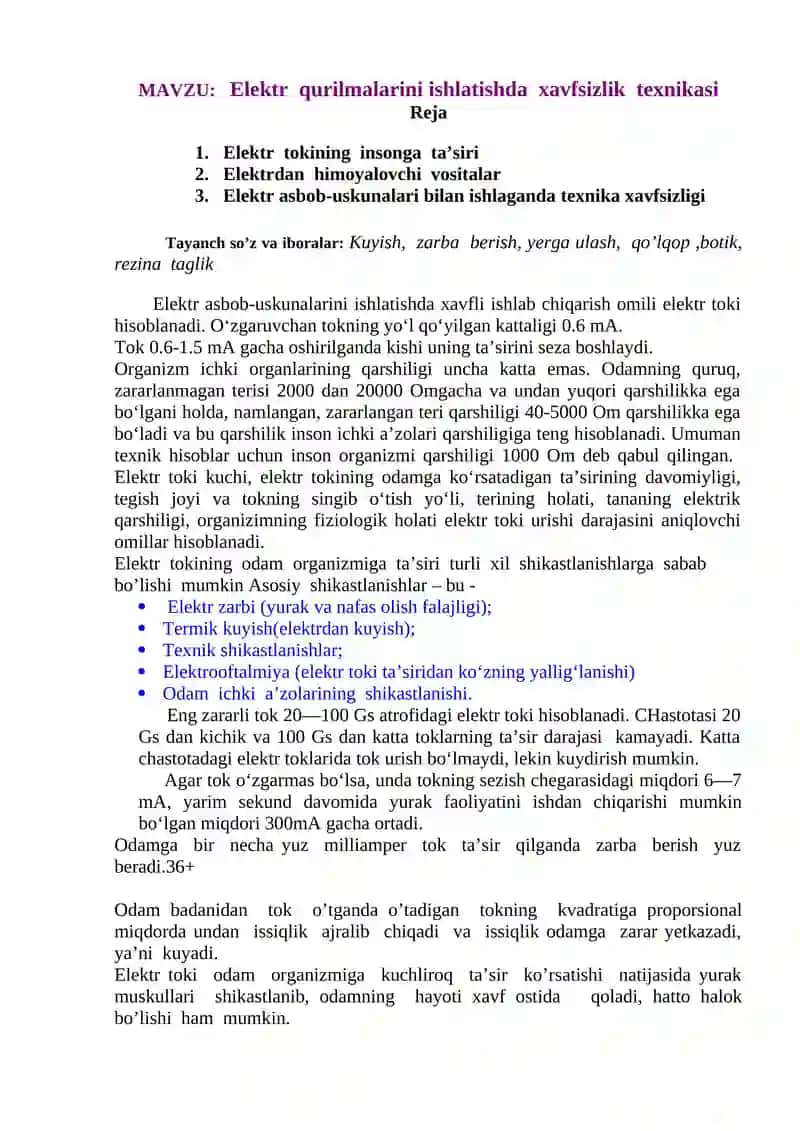 Elektr qurilmalarini ishlatishda xavfsizlik texnikasi