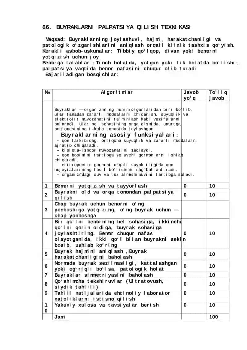 BUYRAKLARNI PALPATSIYA QILISH TEXNIKASI