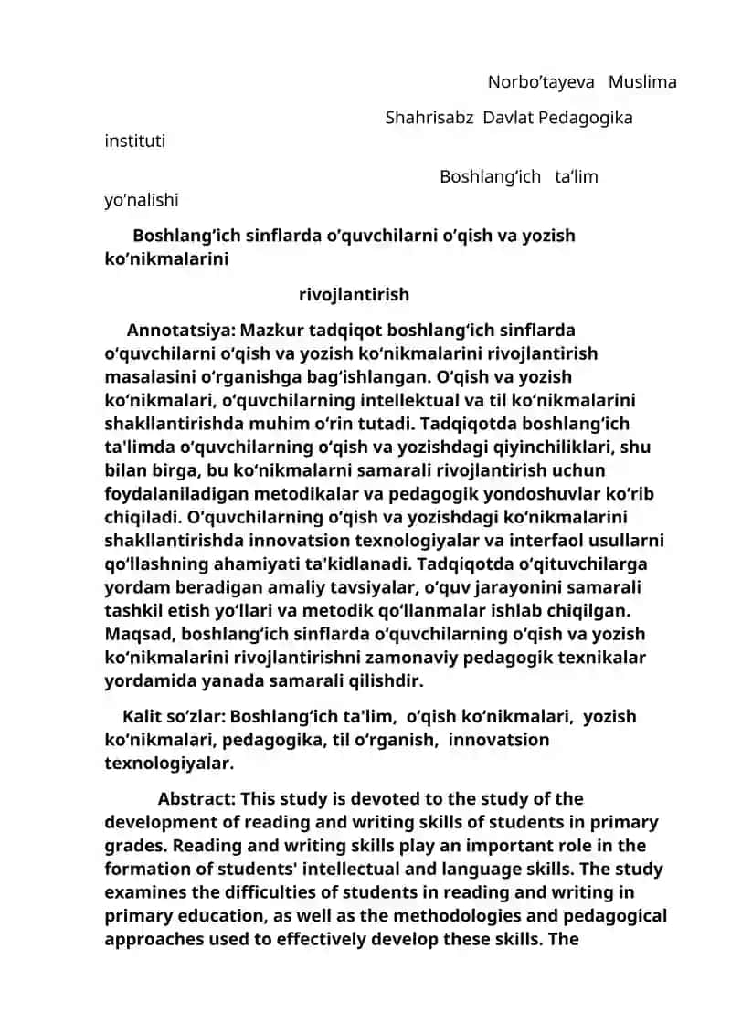 Boshlang’ich sinflarda o’qish va yozish ko’nikmalarini rivojlantirish
