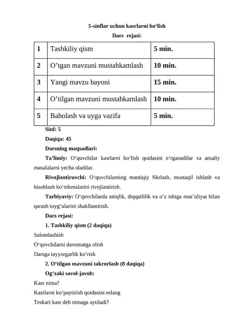 5-sinflar uchun kasrlarni boʻlish