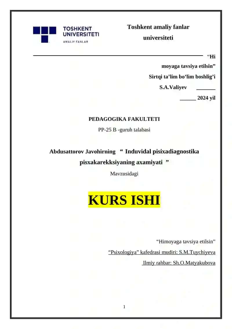 Induvidal pisixadiagnostika pisxakarekksiyaning axamiyati