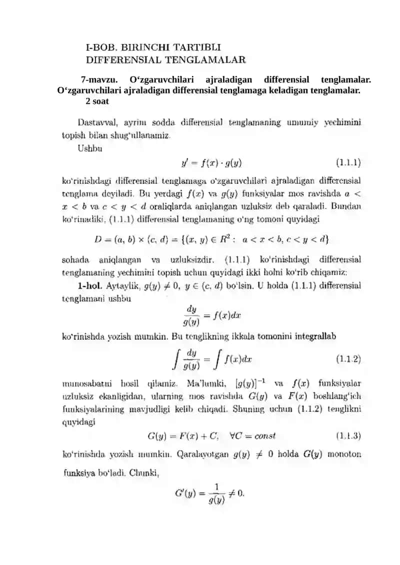 Oʻzgaruvchilari ajraladigan differensial tenglamalar. Oʻzgaruvchilari ajraladigan differensial tenglamaga keladigan tenglamalar.