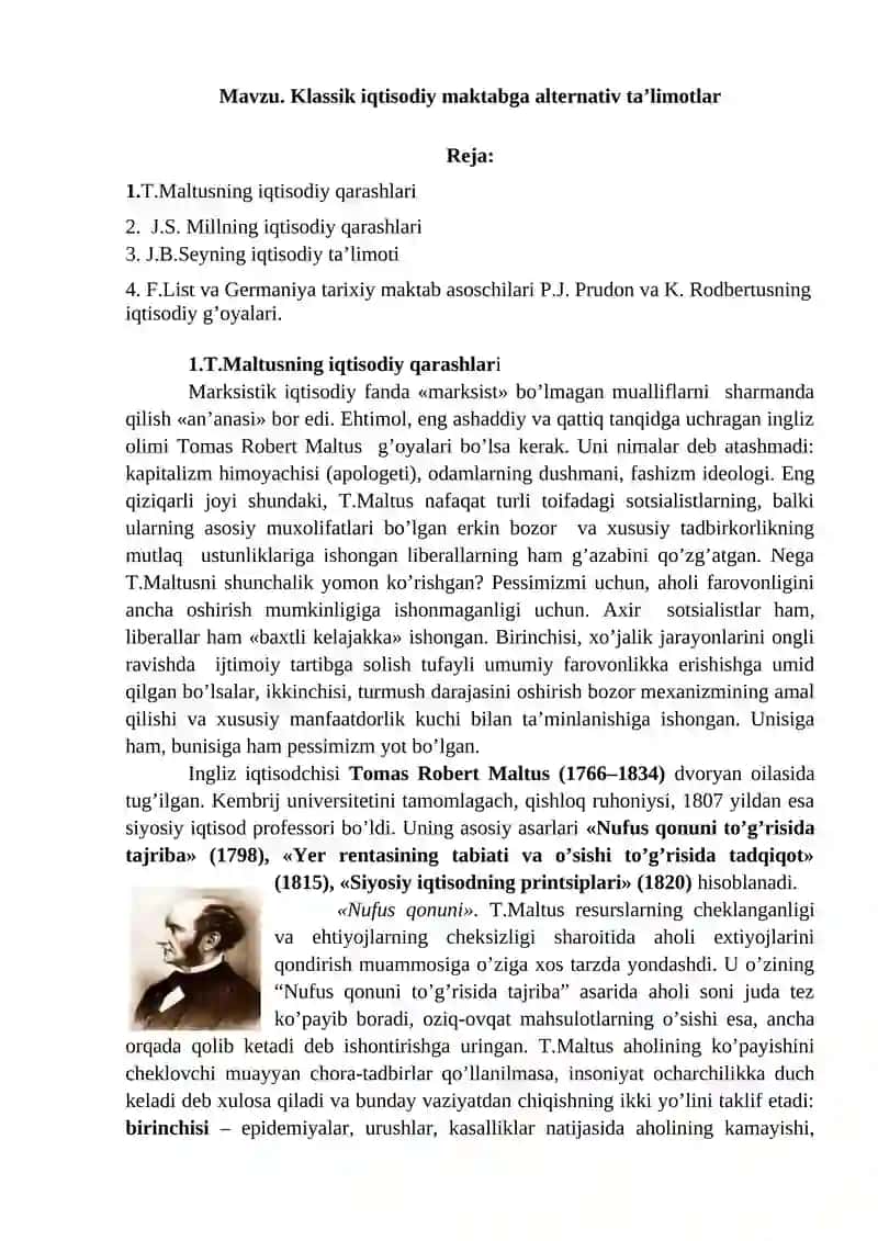 T.Maltusning iqtisodiy qarashlari