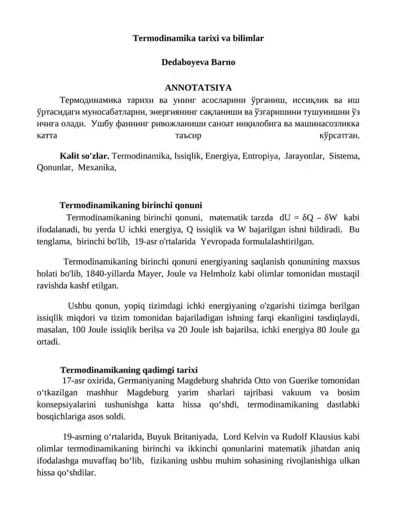 Termodinamika tarixi va bilimlar