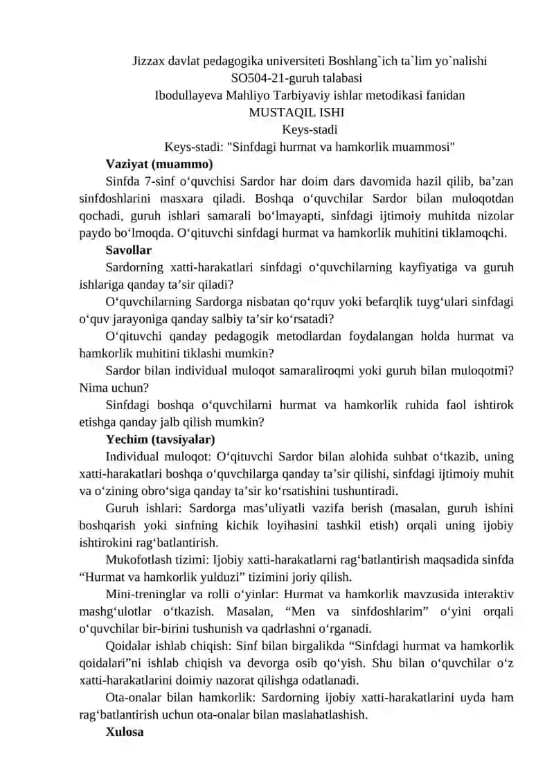 Ibodullayeva Mahliyo Tarbiyaviy ishlar metodikasi