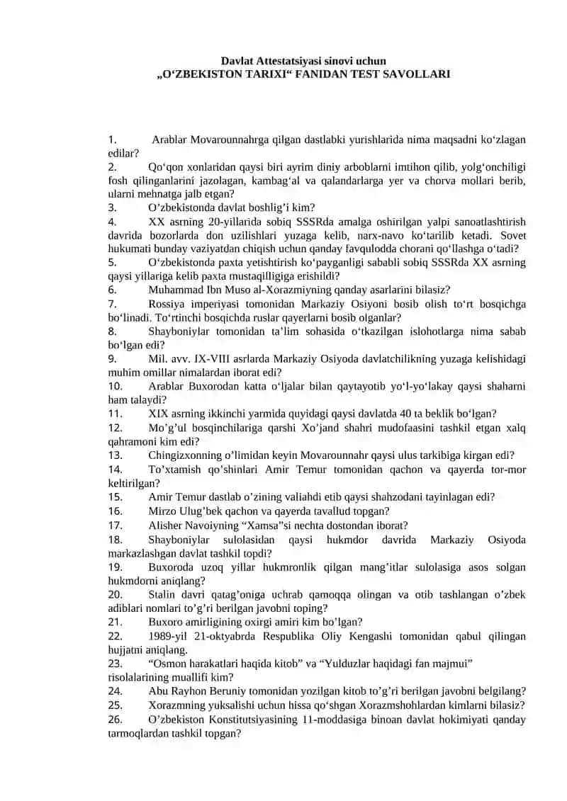 Davlat Attestatsiyasi komissiyasi uchun „O‘ZBEKISTON TARIXI“ FANIDAN TEST SAVOLLARI