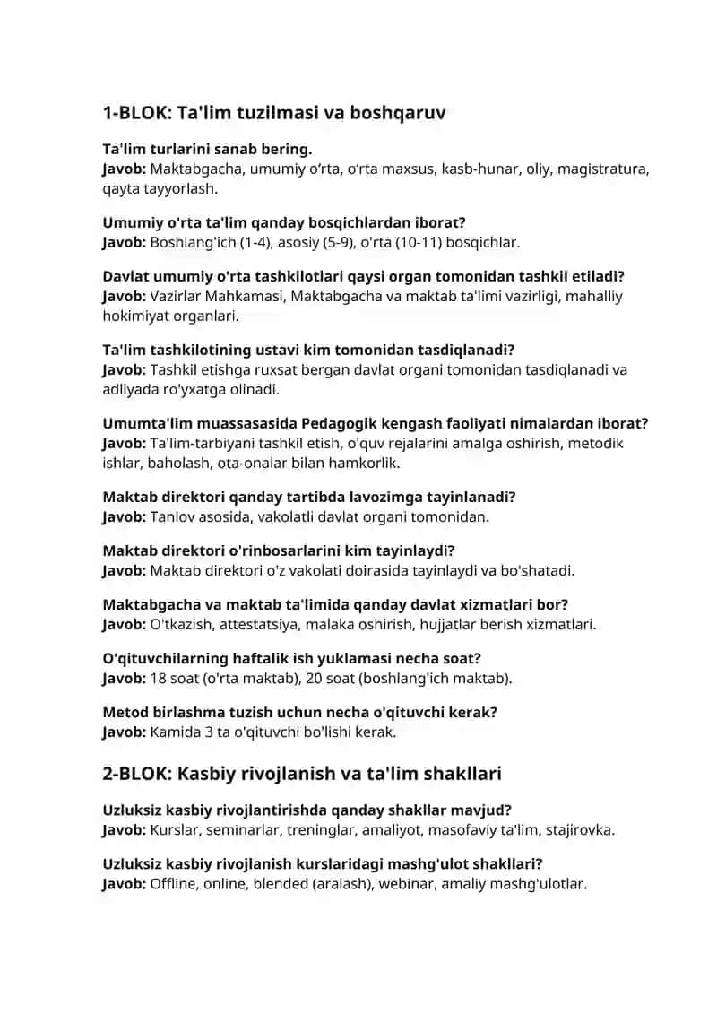 2025 Dekabr Argos suhbat savol va javoblari Maktabgacha ta'lim va maktab ta'limi yo'nalishida 500+ savollarga qisqa aniq javoblar