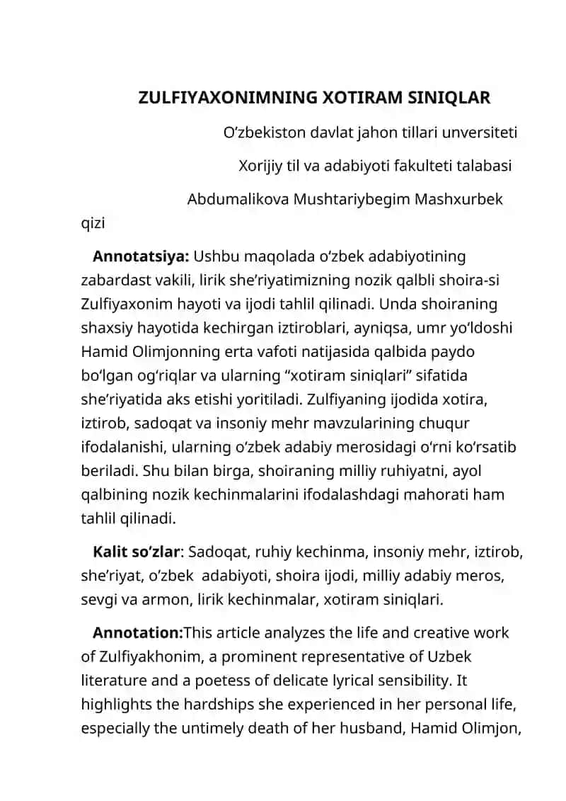 Zulfiyakhonimning Xotiram Siniqlar