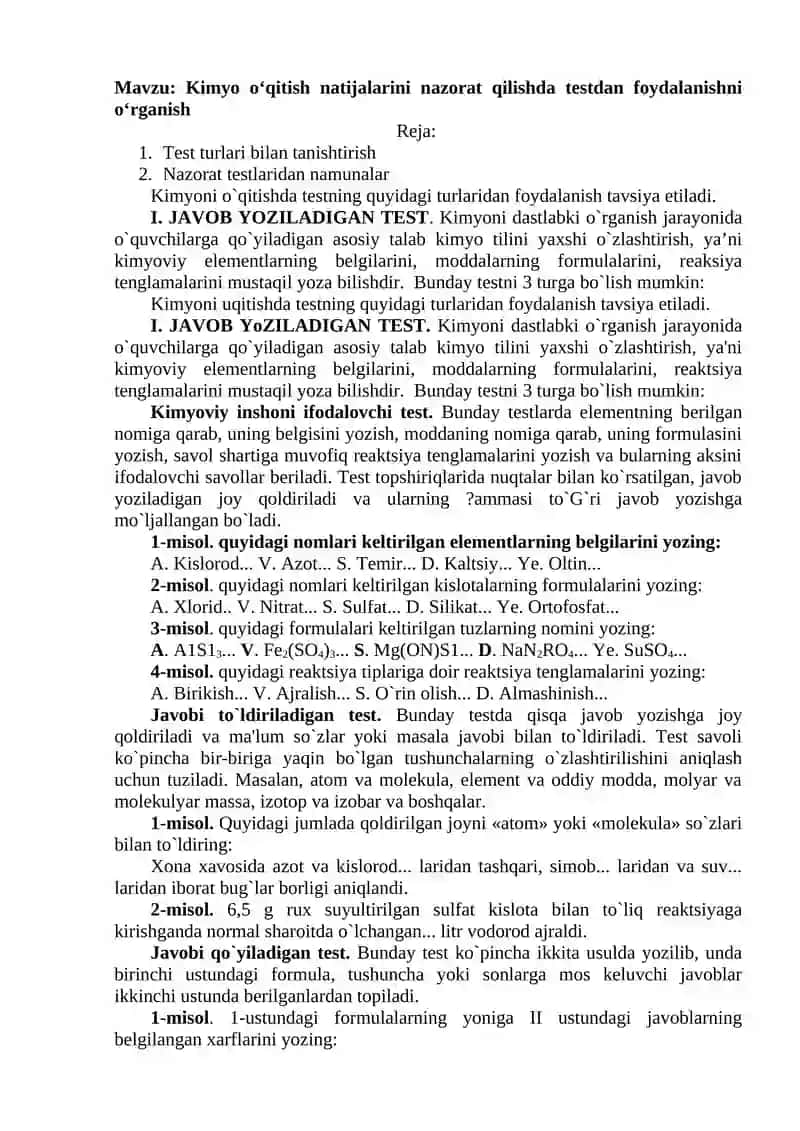 Kimyo o‘qitish testlari