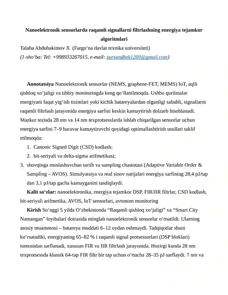 Nanoelektronik sensorlarda raqamli signallarni filtrlashning energiya tejamkor algoritmlari