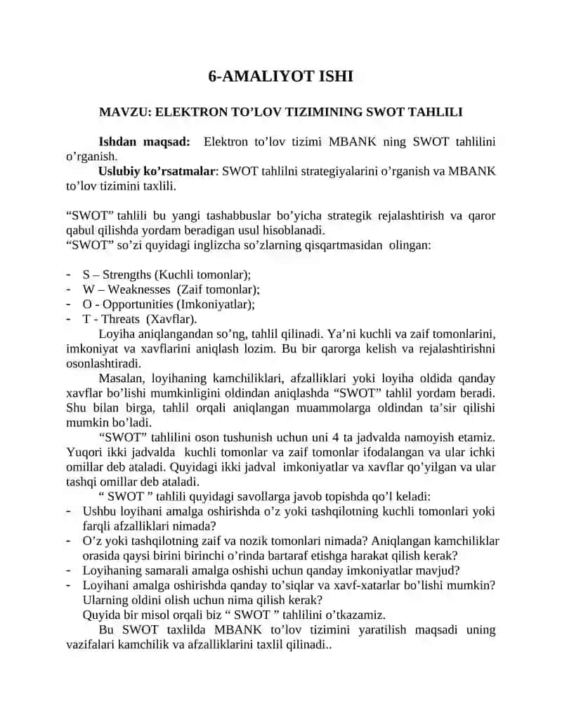 ELEKTRON TO’LOV TIZIMINING SWOT TAHLILI