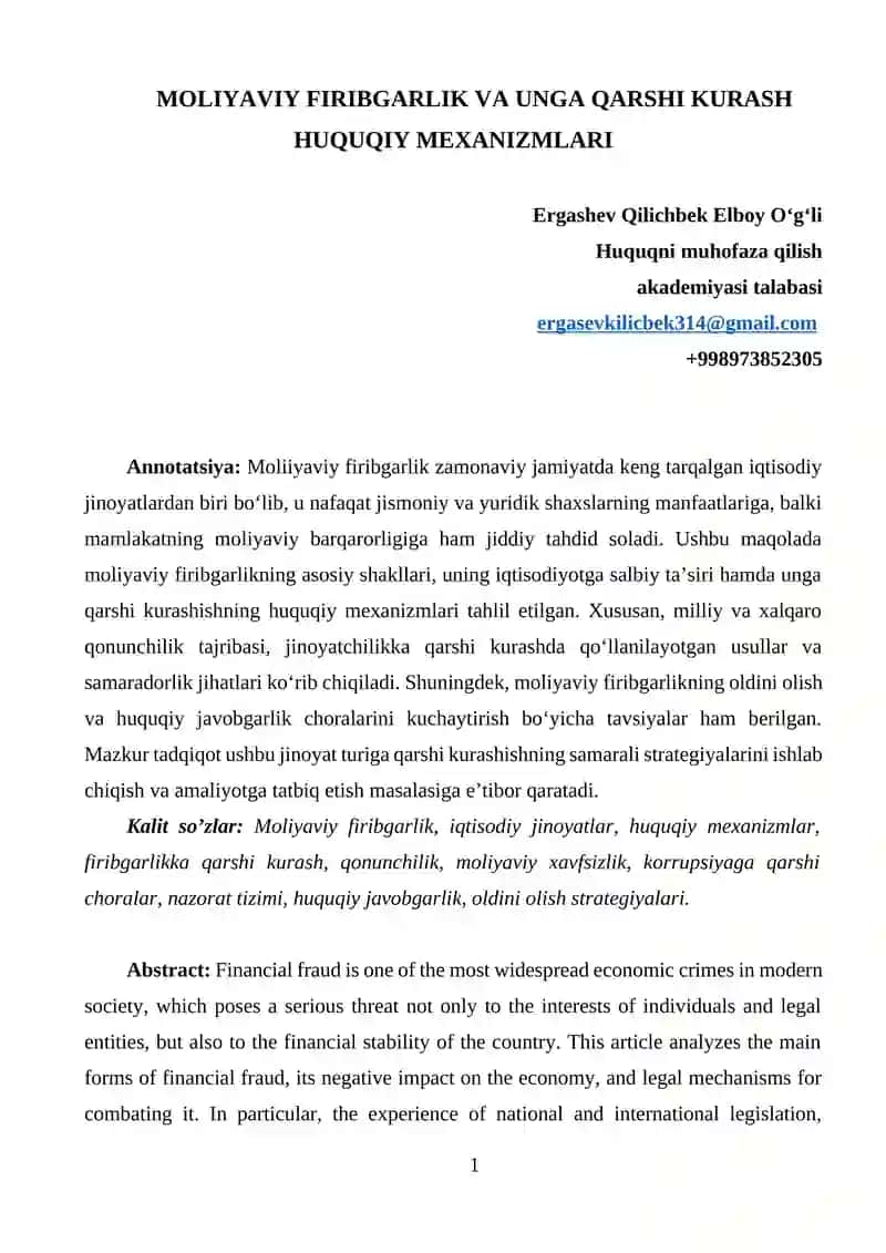 MOLIYAVIY FIRIBGARLIK VA UNGA QARSHI KURASH HUQUQIY MEXANIZMLARI