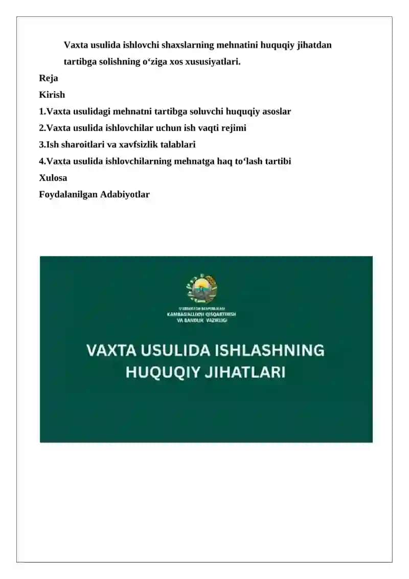 Vaxta usulida ishlashni mustaqil ravishda tartibga soluvchi alohida bob