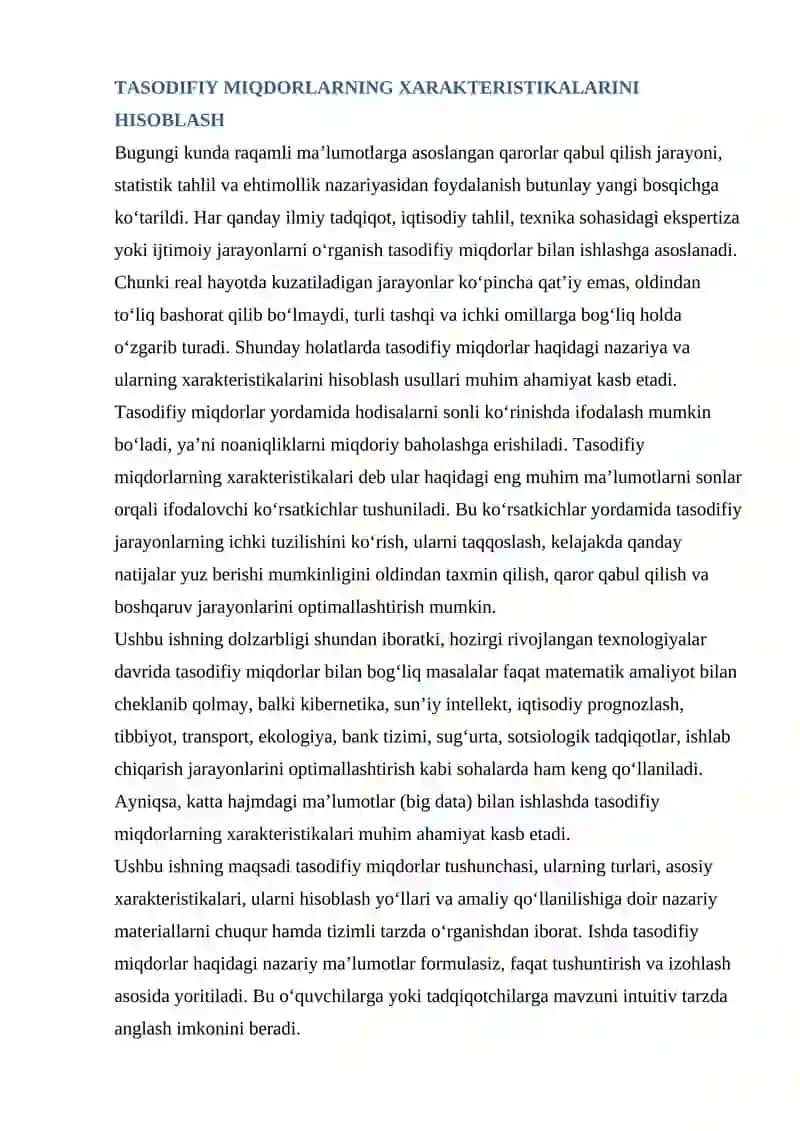TASODIFIY MIQDORLARNING XARAKTERISTIKALARINI HISOBLASH