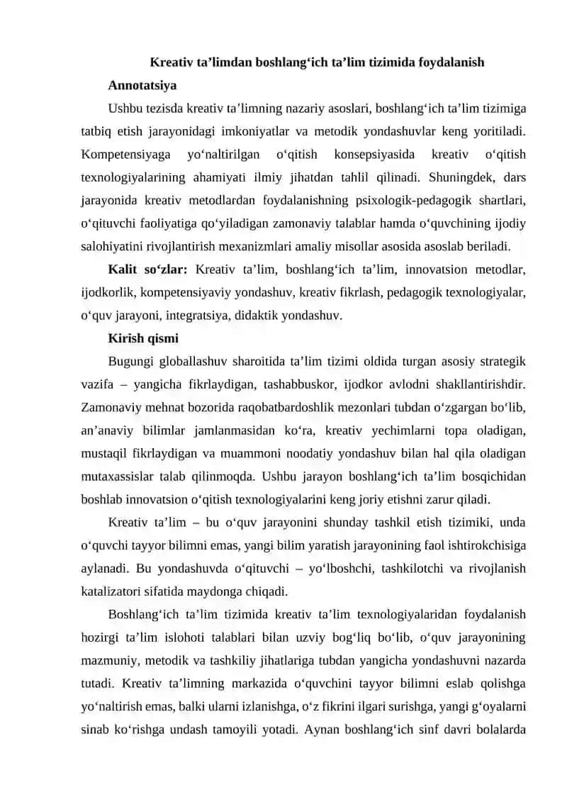 Kreativ ta’limdan boshlang‘ich ta’lim tizimida foydalanish