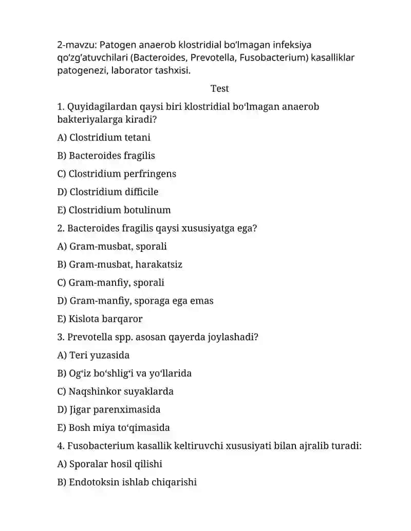 Patogen anaerob klostridial bo’lmagan infeksiya qo’zg’atuvchilari (Bacteroides, Prevotella,