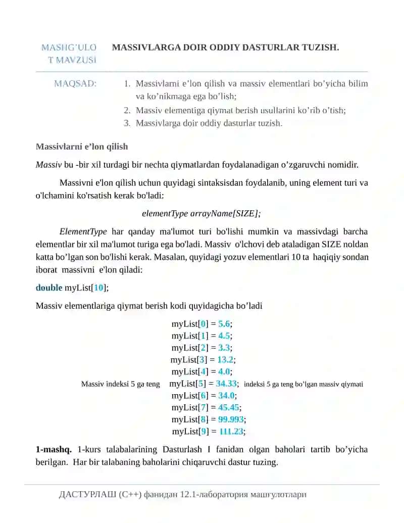 Massivlarga doir oddiy dasturlar tuzish.