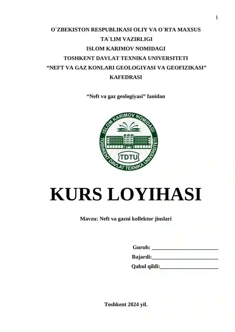 Neft va Gaz Kollektor Jinslari Kurs Loyihasi