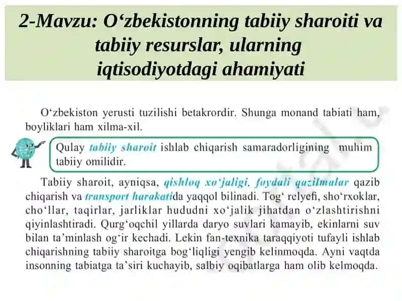 O‘zbekistonning tabiiy sharoiti va tabiiy resurslar