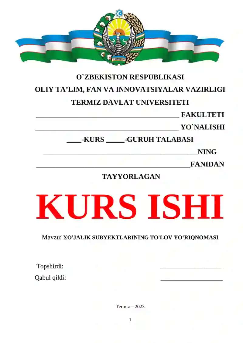 XO'JALIK SUBYEKTLARINING TO'LOV YO‘RIQNOMASI