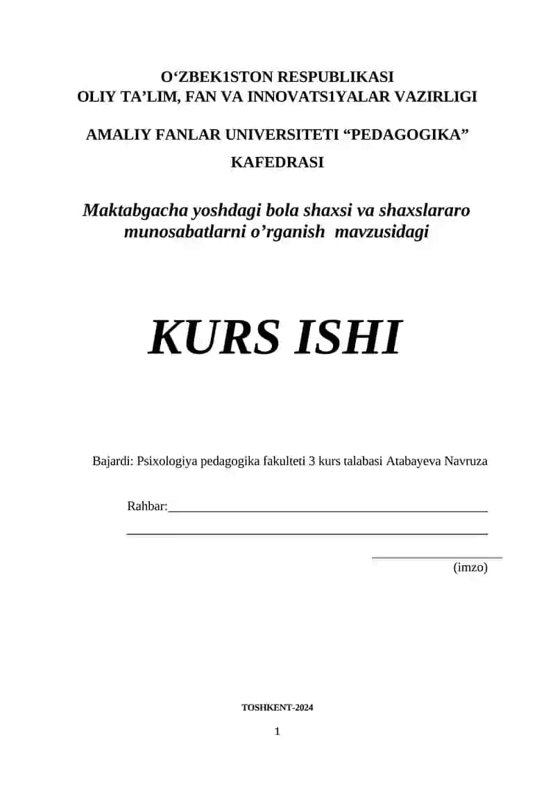 Maktabgacha Yoshdagi Bola Shaxsi va Shaxslararo Munosabatlarni O'rganish Kursi