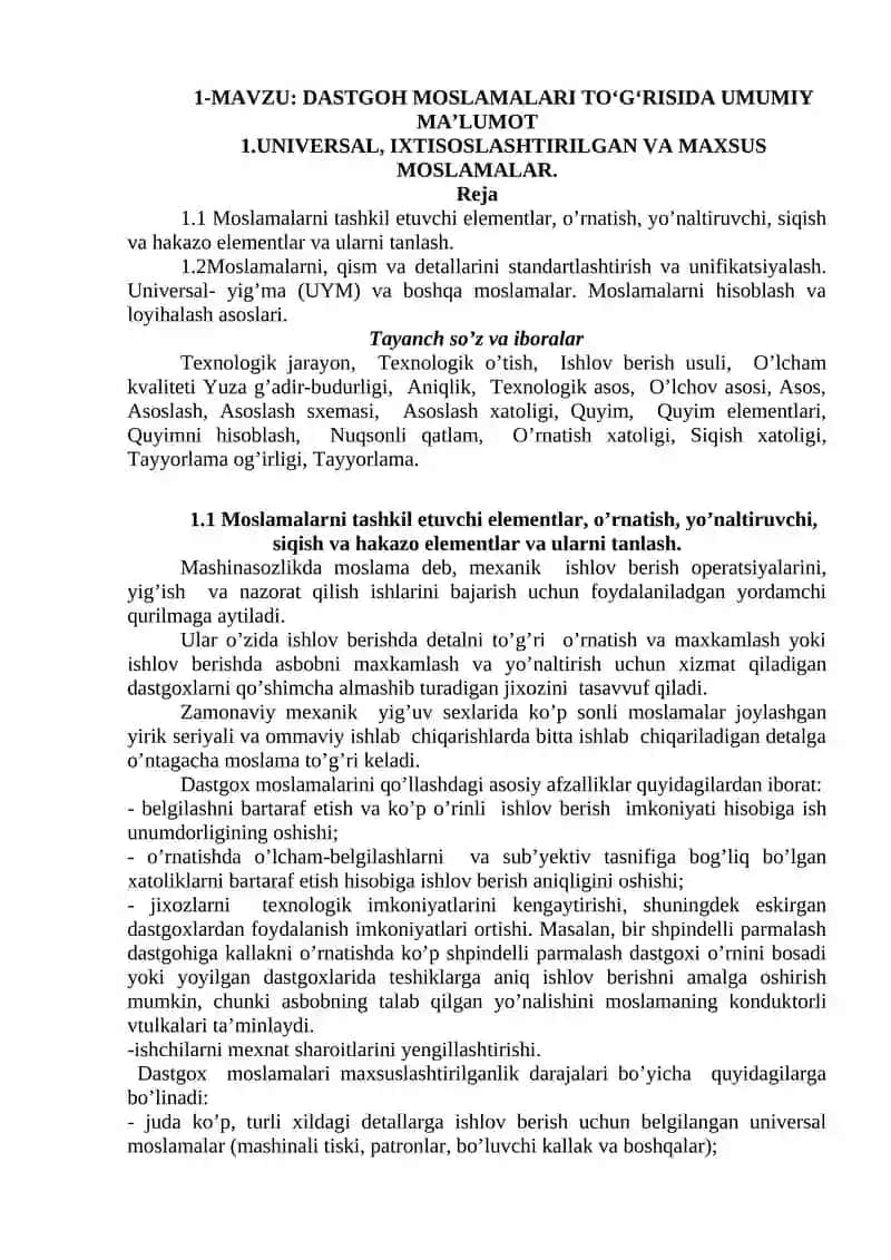 DASTGOH MOSLAMALARI TO‘G‘RISIDA UMUMIY MA’LUMOT 1.UNIVERSAL, IXTISOSLASHTIRILGAN VA MAXSUS MOSLAMALAR.