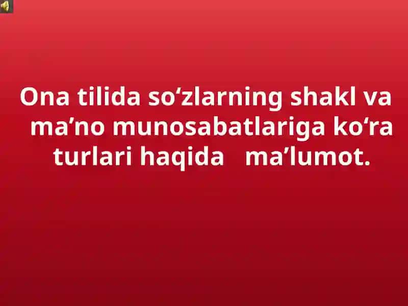 Ona tilida so‘zlarning shakl va ma’no munosabatlariga ko‘ra turlari haqida ma’lumot.