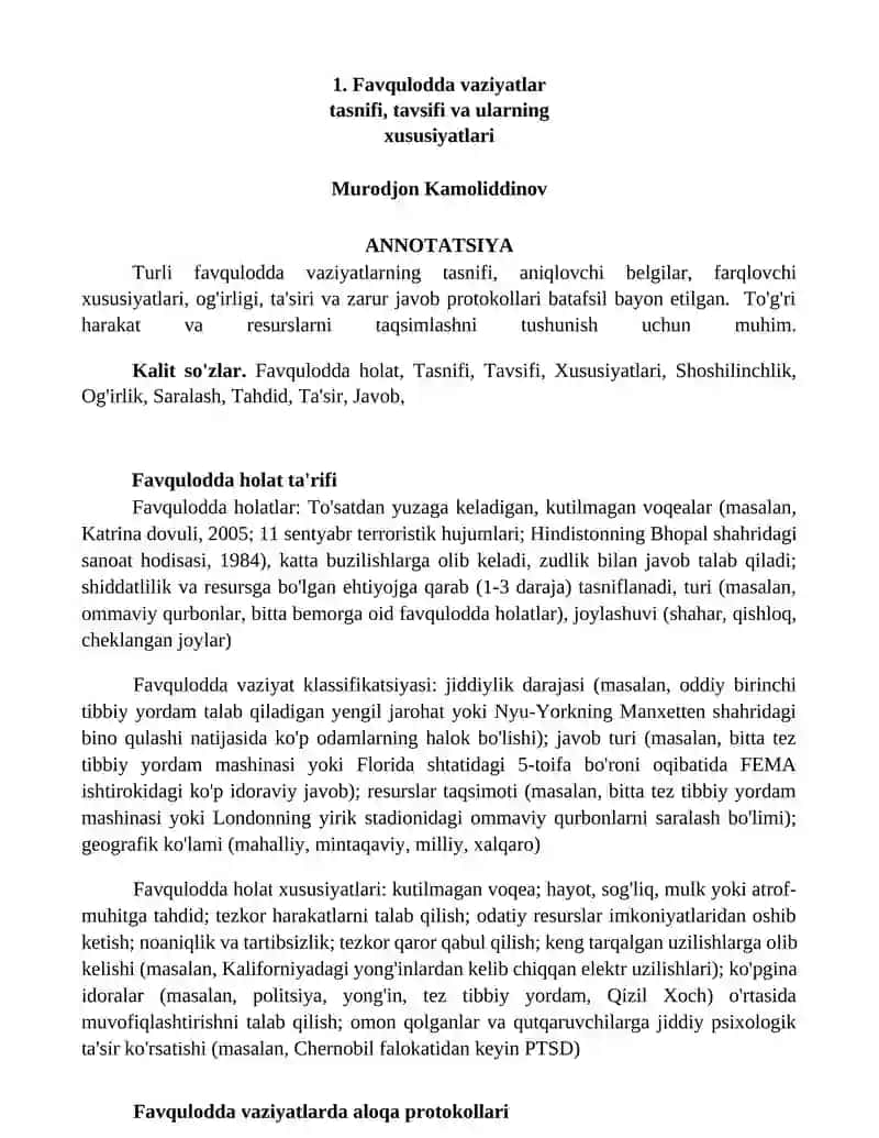 Favqulodda vaziyatlar tasnifi, tavsifi va ularning xususiyatlari
