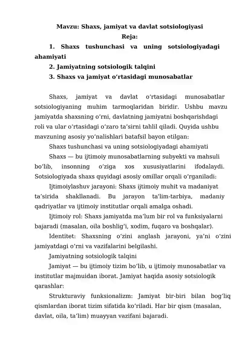 Shaxs, jamiyat va davlat sotsiologiyasi