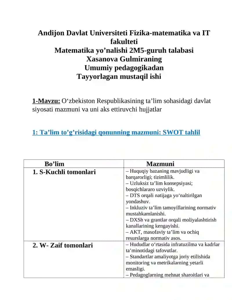 O‘zbekiston Respublikasining ta’lim sohasidagi davlat siyosati mazmuni