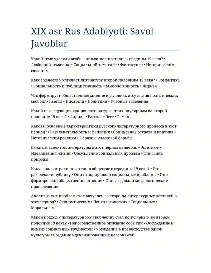 XIX asr Rus Adabiyoti: Savol-Javoblar