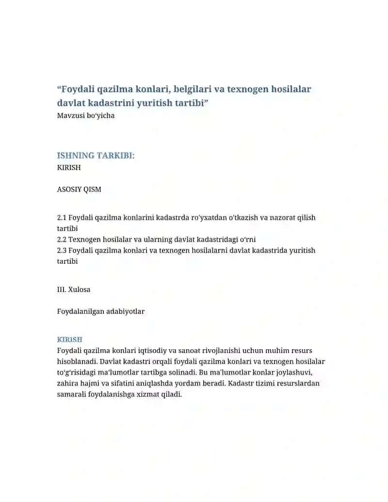 Foydali qazilma konlari, belgilari va texnogen hosilalar davlat kadastrini yuritish tartibi