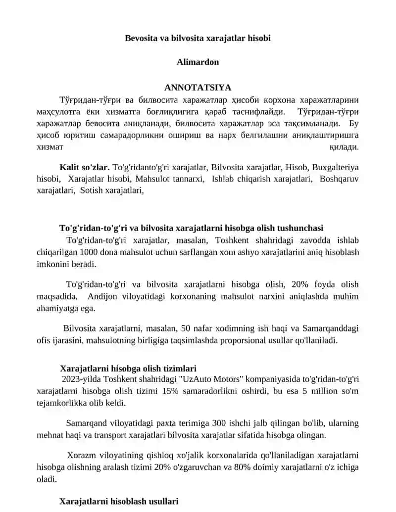 Bevosita va bilvosita xarajatlar hisobi