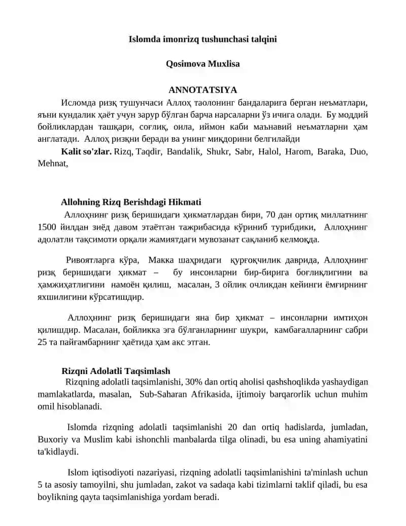 Islomda imonrizq tushunchasi talqini
