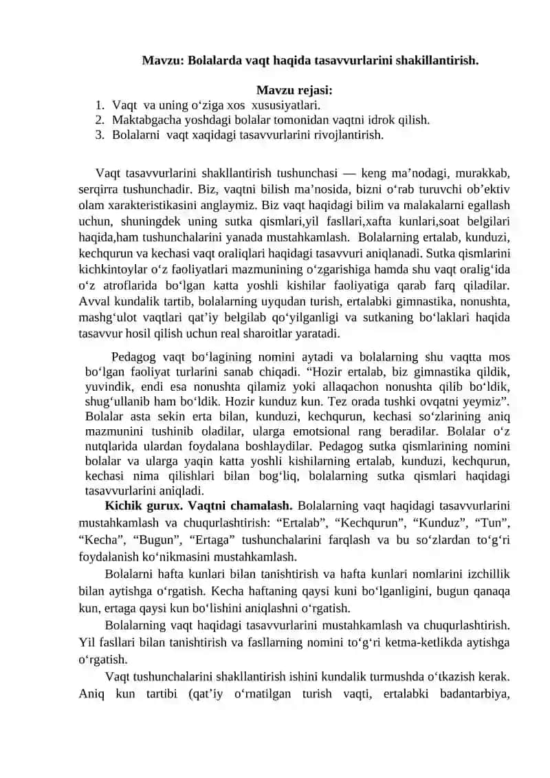 Bolalarda vaqt haqida tasavvurlarini shakillantirish